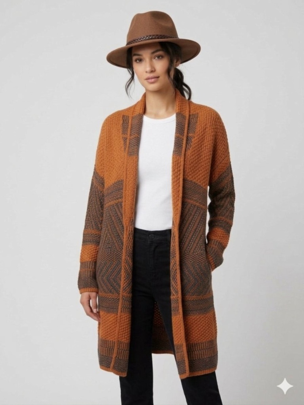 Lucky Brand Southwestern Aztec Geometric Boho Longline Cardigan Sweater Orange S